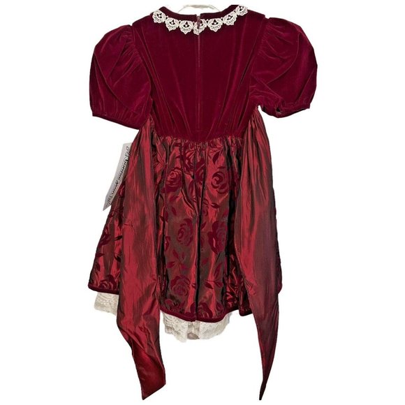 New Bonnie Jean Girls Velvet Dress Burgundy Taffeta Size 5 Lace Bow Holiday VTG - Picture 3 of 10